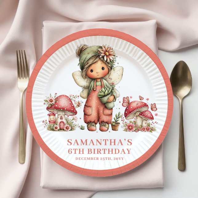 Pratos de Papel Flores Cor-de-Rosa Aniversário de  (Cute Fairy 8th Birthday Pink Flowers Paper Plates)