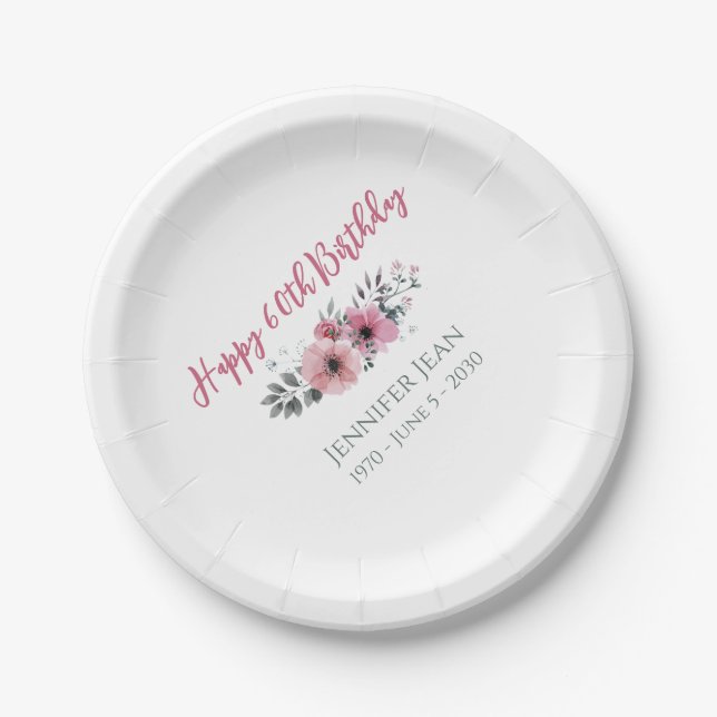 Pratos de Papel Flores Rosa Aniversário de 60 anos (Frente)