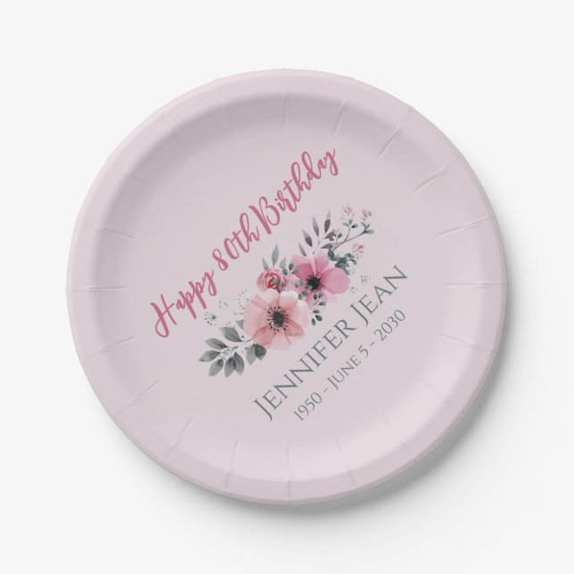 Pratos de Papel Flores Rosa Floral 80º Aniversário (Frente)