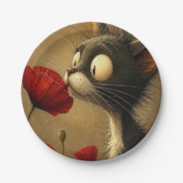 Pratos de Papel, Gato Preto e Branco Flor Vermelha