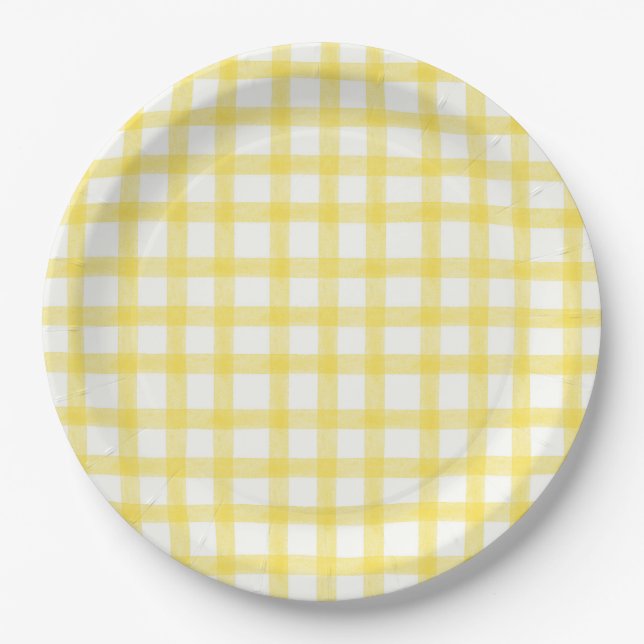 Pratos de papel gingham amarelo limão 015 pintado  (Frente)