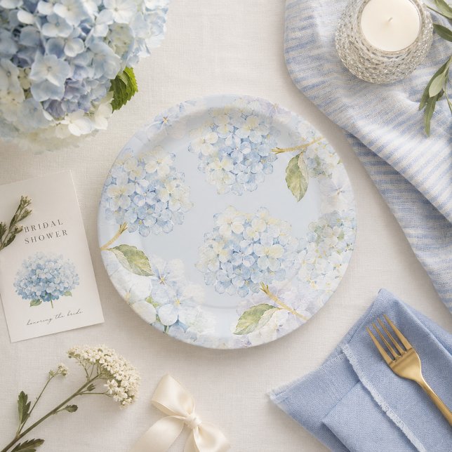 Pratos de Papel Hortênsia Azul Elegante (Elegant Blue Hydrangea Paper Plates)