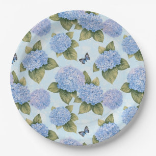 Pratos de Papel Jardim de Hortênsia Azul e Borbole