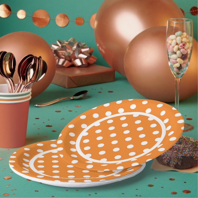 Pratos de Papel Laranja Com Bolinhas Brancas (Múltiplo)