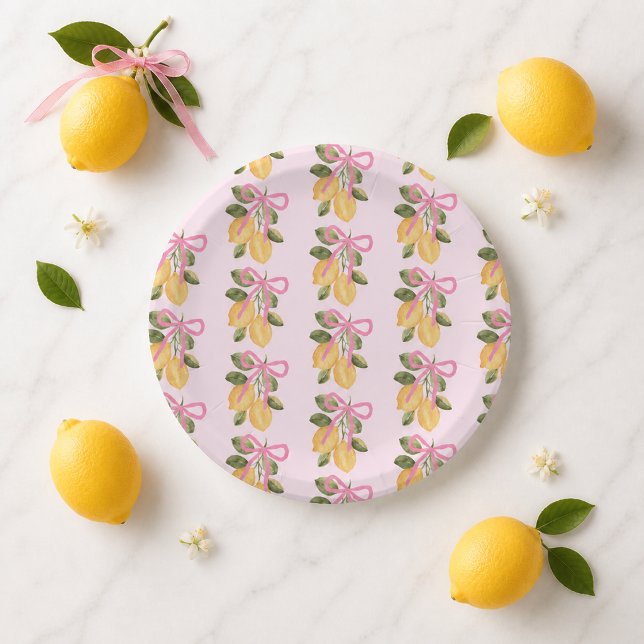 Pratos de Papel Limão com Laço Rosa (Pink Bow Lemon Paper Plates)
