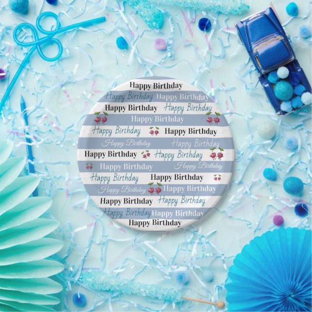 Pratos de Papel, Listra Azul e Branco de Aniversár (Festa)