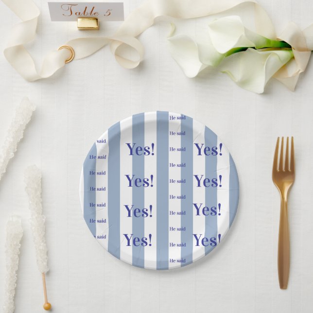Pratos de Papel, Listra Azul e Branco Ele disse Si (Casamento)
