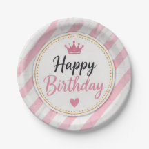 Pratos de Papel Listrados Rosa Feliz Aniversário