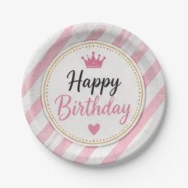 Pratos de Papel Listrados Rosa Feliz Aniversário