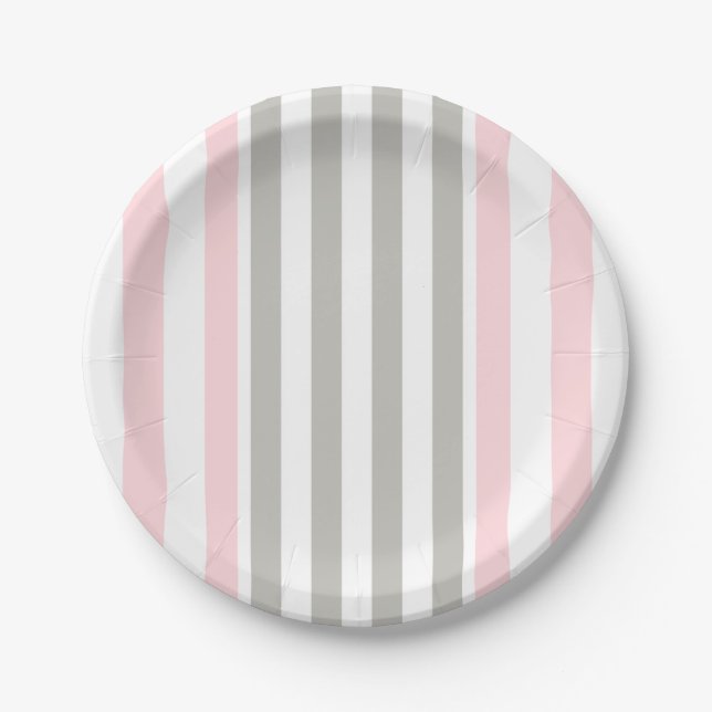 Pratos de Papel, Listras Cinza Rosa e Branco (Frente)