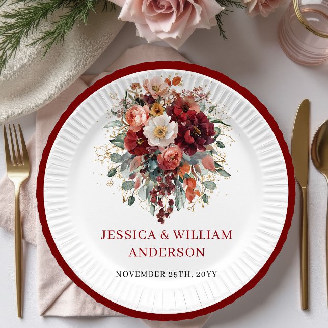 Pratos de Papel Luxuosos Florais de Outono Marsala (Luxe Marsala Autumn Floral Wedding Paper Plates

)
