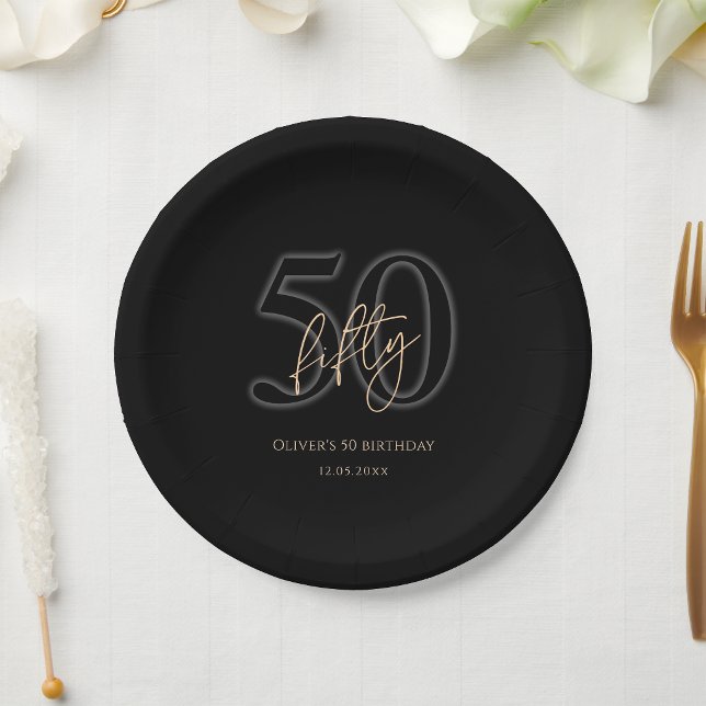 Pratos de Papel Modern Black Gold 50º Aniversário  (Modern Black Gold 50th Birthday Party Paper Plates)