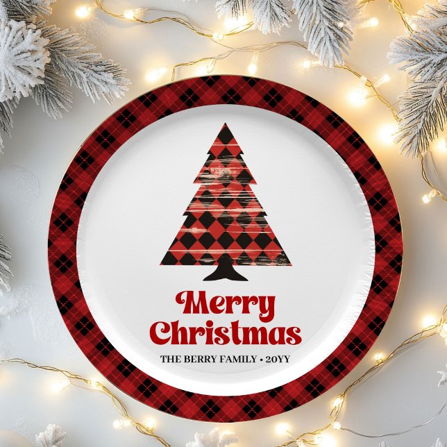 Pratos de Papel Natal Árvore Xadrez Casa de Campo  (Cozy Farmhouse Plaid Tree Christmas Paper Plates)
