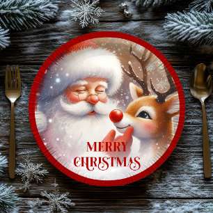 Pratos de Papel Natalinos Cute Rudolph e Santa par
