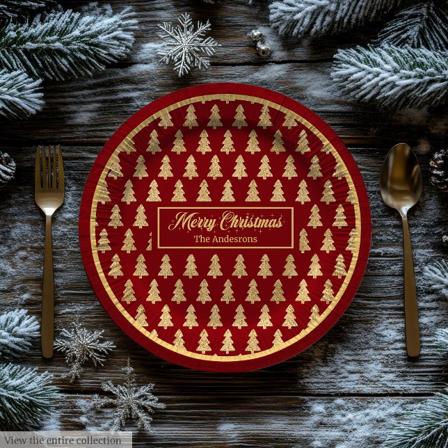 Pratos de Papel Nome Personalizado Árvores Vermelh (Custom Name Paper Plates Elegant Red Gold Trees)