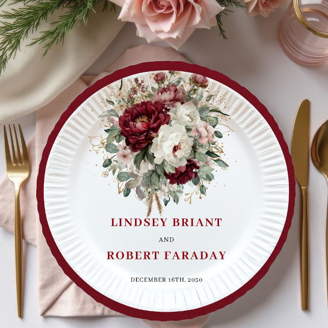 Pratos de Papel Ouro Flores Borgonha Boêmios de Lu (Luxury Bohemian Burgundy Flowers Gold Paper Plates)