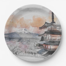 Pratos de Papel Pagode Japonesa e Mt. Fuji Aquarel