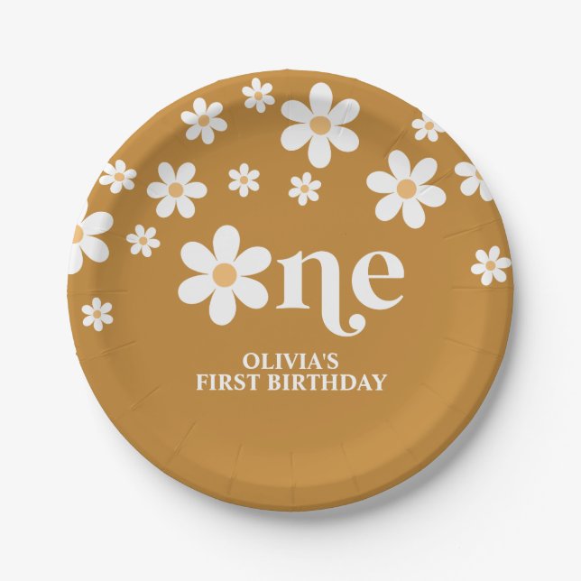 Pratos de papel para 1º aniversário com flores de  (Frente)