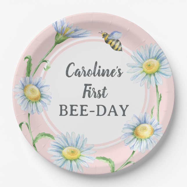 Pratos de papel para aniversário Pink Bee-Day com  (Frente)