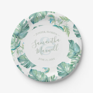Pratos de papel para casamento com folhagem tropic