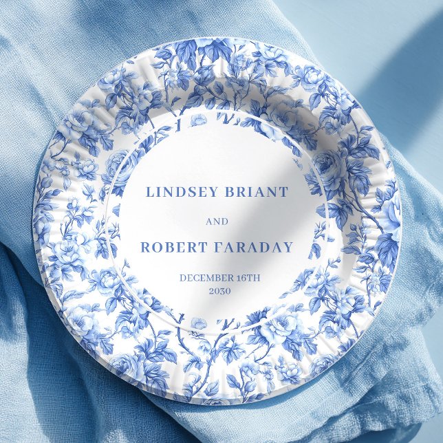 Pratos de papel para casamento com rosas toile nav (Chic navy toile roses wedding party paper plates

)