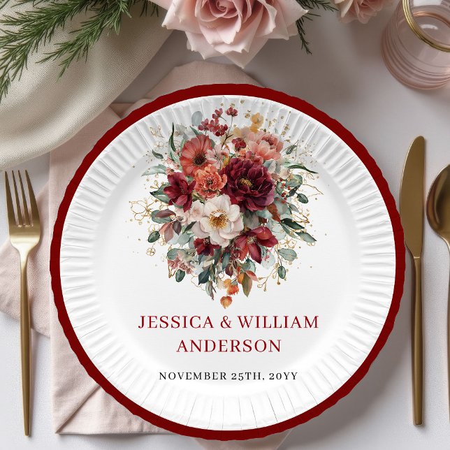 Pratos de Papel para Casamento Floral Borgonha Out (Floral Burgundy Autumn Wedding Paper Plates Design

)