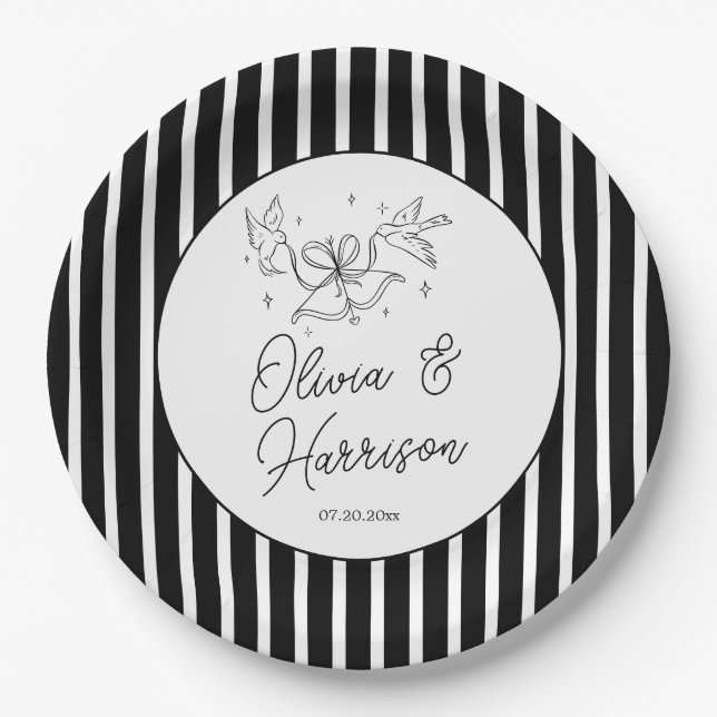 Pratos de papel para casamento listrados de preto  (Frente)