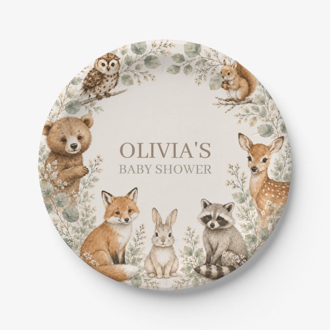 Pratos de papel para chá de bebê de animais da flo (Frente)