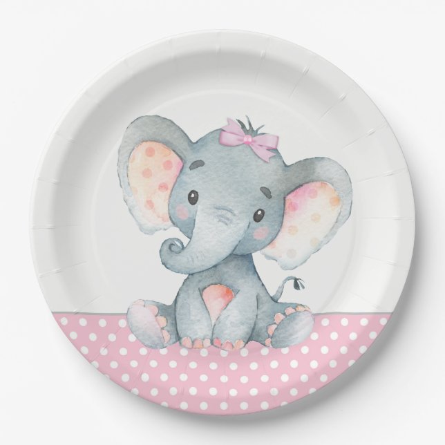 Pratos de papel para chá de bebê de elefante femin (Frente)