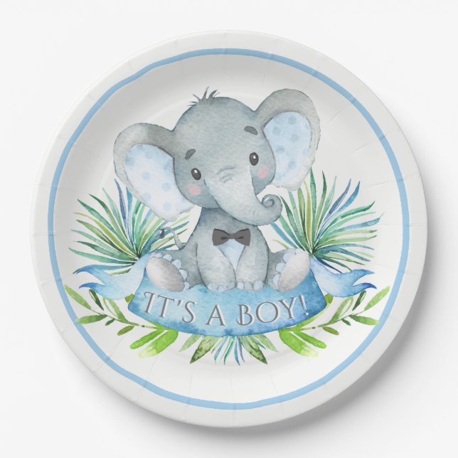 Pratos de papel para chá de bebê de elefante para  (Frente)