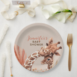 Pratos de papel para chá de bebê de girafa boho en