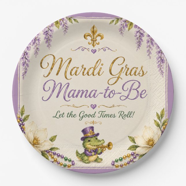 Pratos de Papel para Chá de Bebê Mardi Gras Mama-t (Frente)