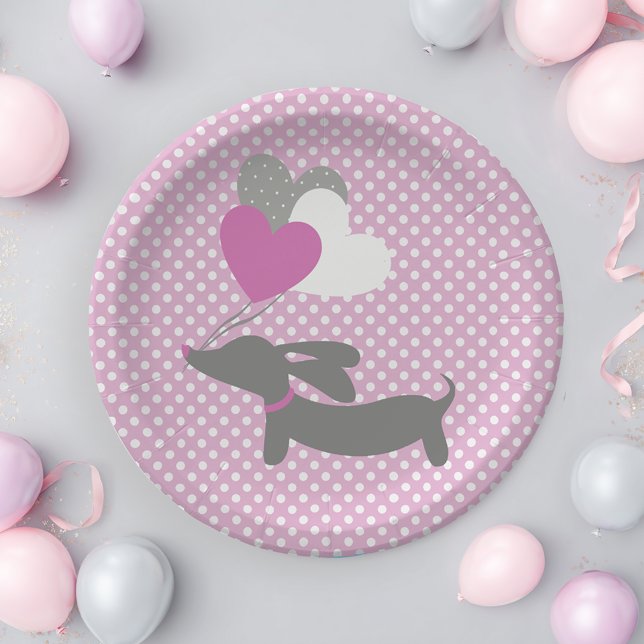 Pratos de Papel para Chá de Bebê Menina Dachshund  (Pink dachshund baby shower paper plates - pink wiener dog party)