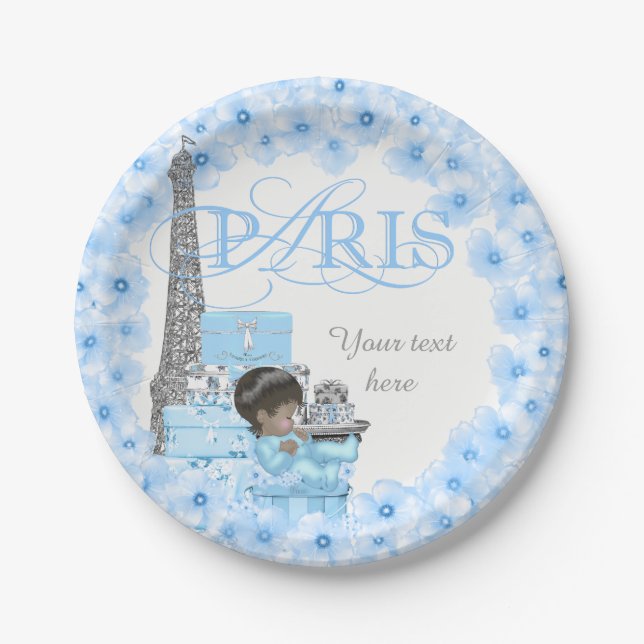 Pratos de papel para chá de bebê menino Paris (Frente)