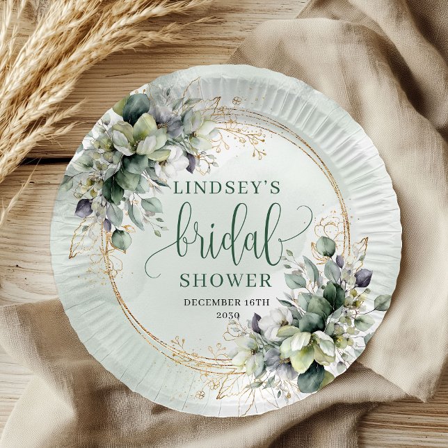 Pratos de Papel para Chá de Noiva Botânico Verde B (Green White Botanical Bridal Shower Paper Plates)
