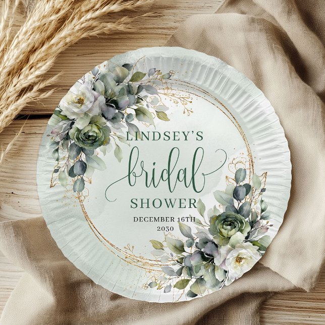 Pratos de Papel para Chá de Noiva com Aquarela Ver (Dusty Green Watercolor Bridal Shower Paper Plates)