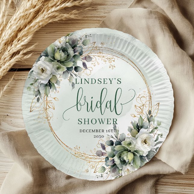Pratos de Papel para Chá de Noiva com Folhagem Ver (Sage Green Foliage Bridal Shower Paper Plates)