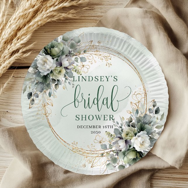 Pratos de Papel para Chá de Noiva com Folhagem Ver (Dusty Green Foliage Bridal Shower Paper Plates)