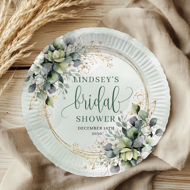 Pratos de Papel para Chá de Noiva em Eucalipto Ver (Dusty Green Eucalyptus Bridal Shower Paper Plates)