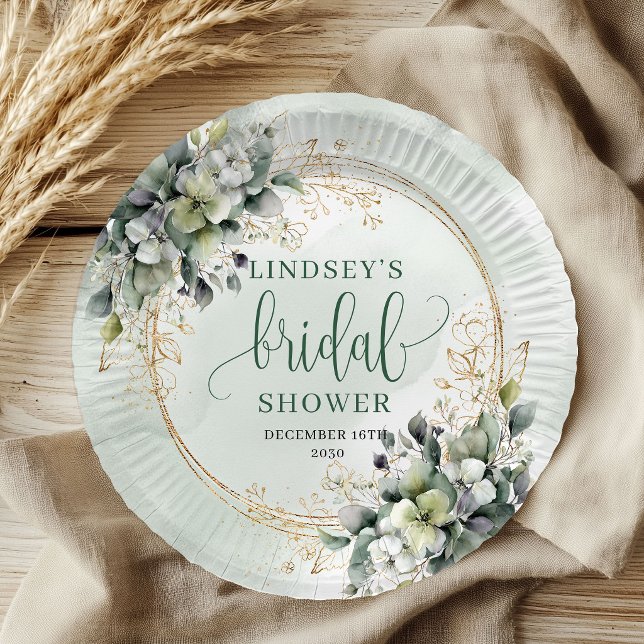 Pratos de Papel para Chá de Noiva em Eucalipto Ver (Dusty Green Eucalyptus Bridal Shower Paper Plates)