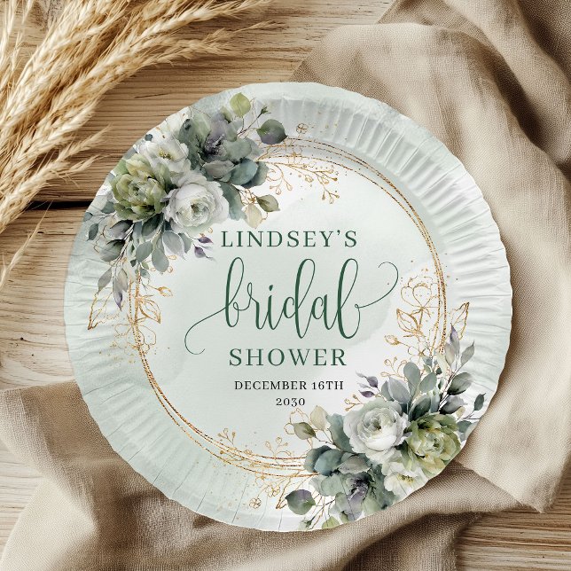 Pratos de Papel para Chá de Noiva em Verde Poeiren (Dusty Green Greenery Bridal Shower Paper Plates)
