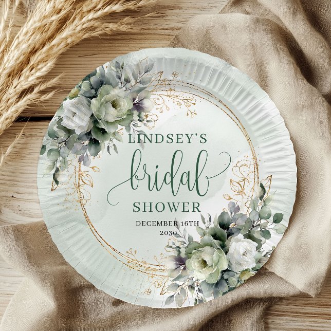 Pratos de Papel para Chá de Noiva em Verde Poeiren (Dusty Green Greenery Bridal Shower Paper Plates)