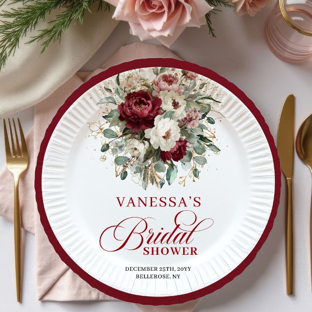 Pratos de Papel para Chá de Noiva Floral Borgonha  (Trendy Burgundy Floral Bridal Shower Paper Plates)