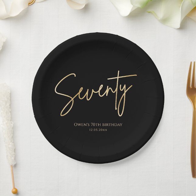 Pratos de Papel para Festa de Aniversário de 70 an (Black & Gold 70th Birthday Party Paper Plates)