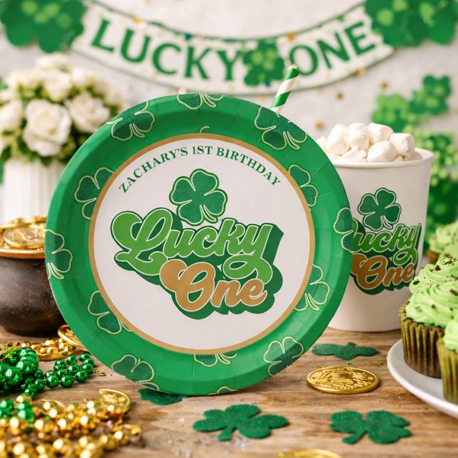 Pratos de papel para o primeiro aniversário do sor (Gold and Green Lucky One First Birthday Paper Plates)