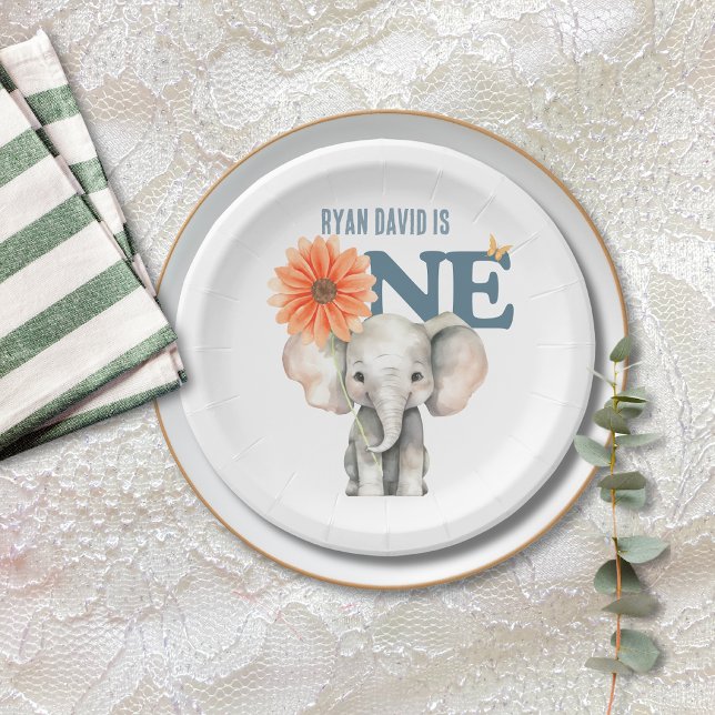 Pratos de papel para primeiro aniversário de elefa (Elephant First Birthday Paper Plates | Safari)