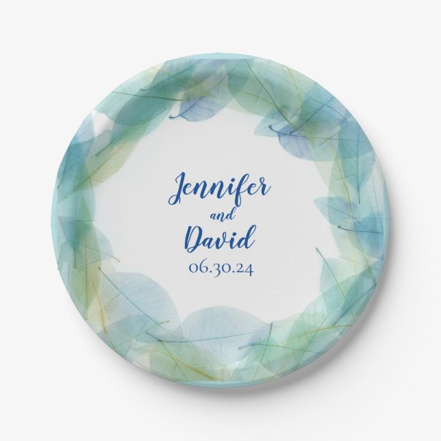 Pratos de Papel Personalizados Blue Leaf Design pa (Frente)
