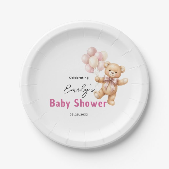 Pratos de Papel Personalizados Rosa Urso Shower de (Frente)