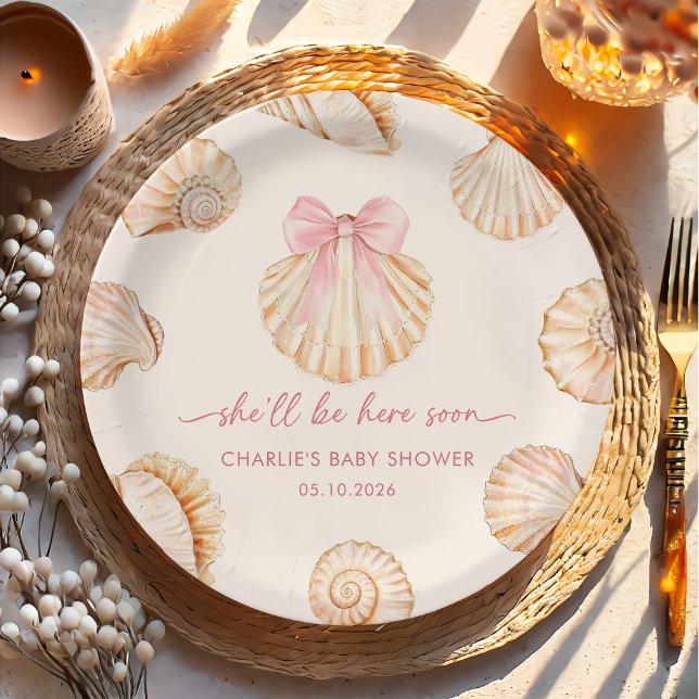 Pratos de Papel Pink Bow Seashell Baby Shower (Criador carregado)
