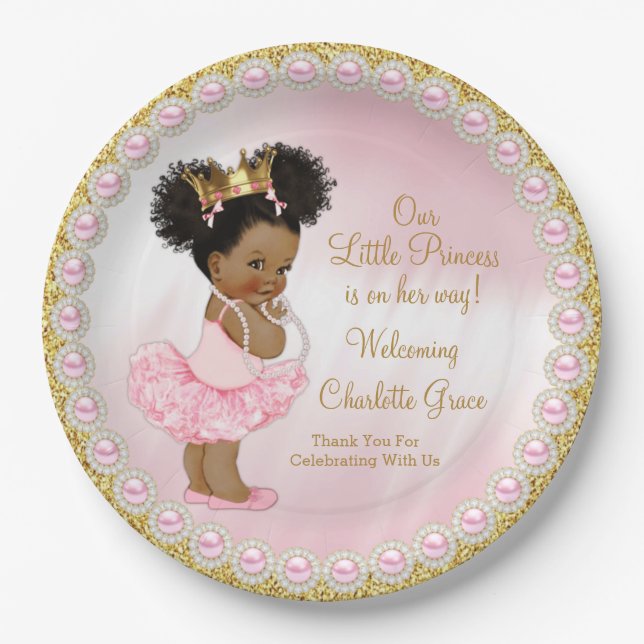 Pratos de Papel Pink Gold Afro Princesa Bebe (Frente)